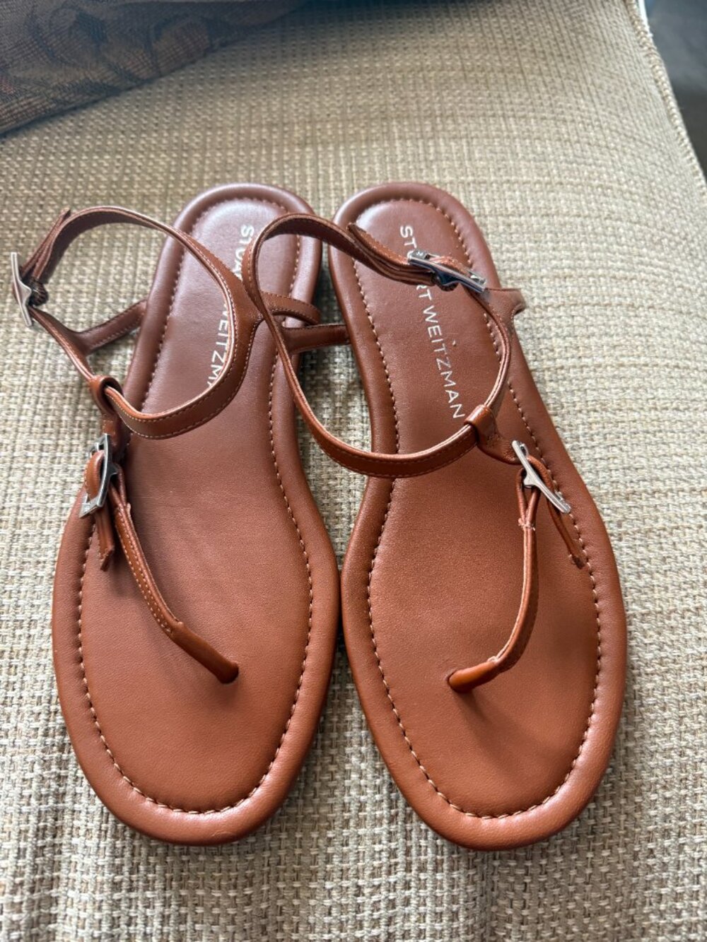 Stuart Weitzman Tan Leather T-Strap Sandals